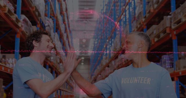 Volunteers High-Fiving in Warehouse Aisle - Download Free Stock Images Pikwizard.com