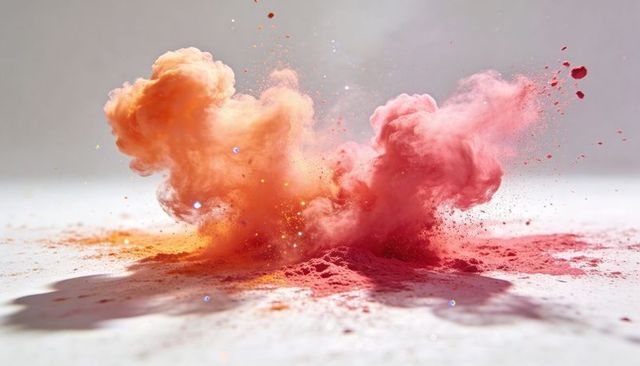 Exploding Powder Plumes in Orange and Pink with Glitter Sparks and Dust on White Surface