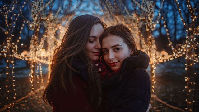 Winter Embrace Between Two Women in Fairy-lit Park