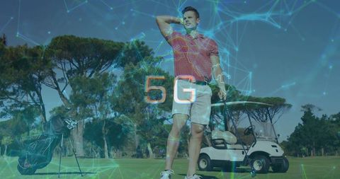 Golfer on course connecting through 5g technology