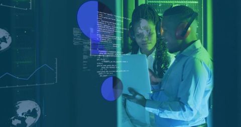 Collaborating IT Professionals Working in Server Room with Data Overlays