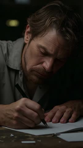 Leaning man sketching with pen at desk, focused closeup vertical video of creative drafting