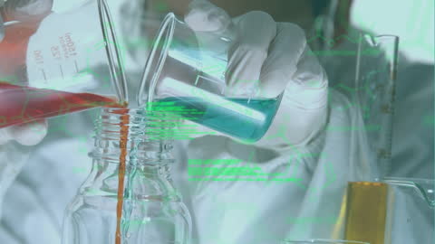 Scientist Mixing Chemicals with Digital Data Overlay