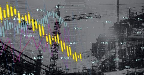 Financial data overlaid on construction site for business and development