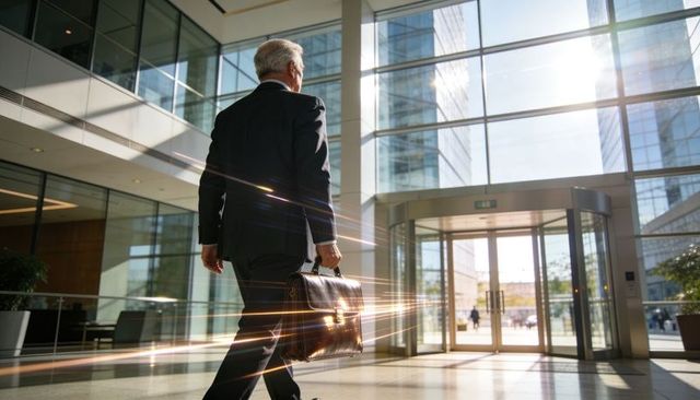 Senior executive walking through glass atrium holding leather briefcase sunlit corporate lobby