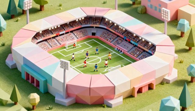 Pastel low-poly football stadium model showing evening match, crowd, goals and floodlights glow
