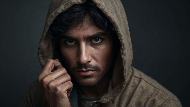 Gazing man holding hood with intense stare wearing brown hooded jacket dramatic chiaroscuro portrait