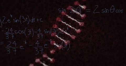 Mathematical Equations Intersect DNA Strand on Black Background