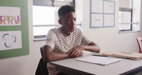 Focused Teenage Boy Studying at Classroom Desk