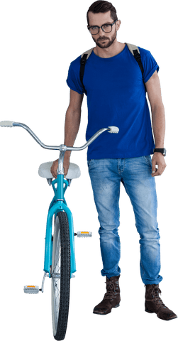 transparent hipster in blue t-shirt holding bicycle side view - Download Free Stock Videos Pikwizard.com