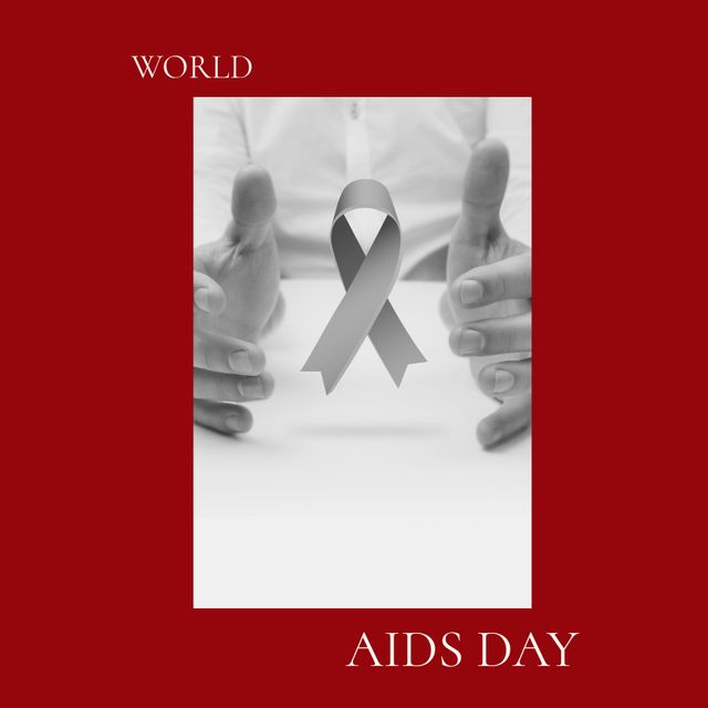 Image highlighting World AIDS Day, featuring supportive hands holding the red ribbon, representing HIV awareness and support. Ideal for use in educational materials, healthcare campaigns, social media posts, and community awareness efforts.