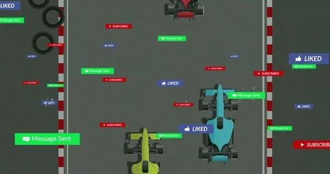 Aerial pit lane showing formula cars with social media overlays for motorsport streaming