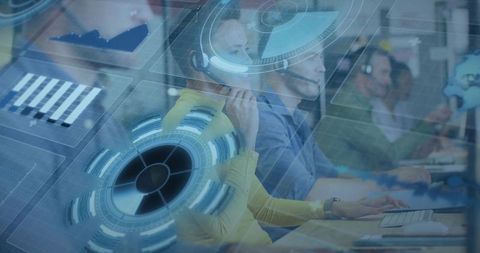 Customer Support Team Using Futuristic HUD Interfaces and Headsets in Modern Call Center