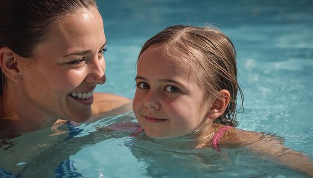 Mother teaching daughter to swim in sunny pool closeup family bonding and joy