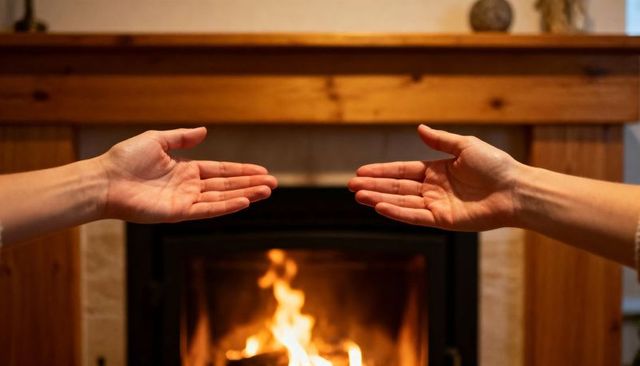 Reaching hands warming by fireplace mantel cozy hearth glow conveying comfort and connection