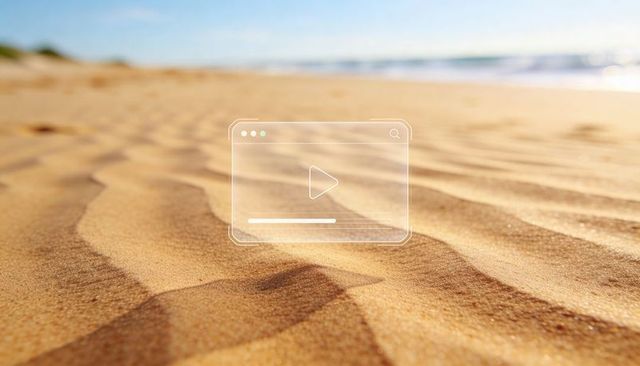 Sunny sand ripples with transparent video player overlay for travel, media, web design