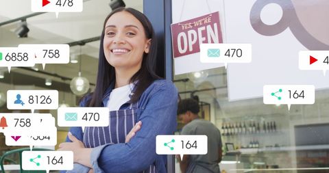 Saleswoman in Store with Social Media Interaction Overlays