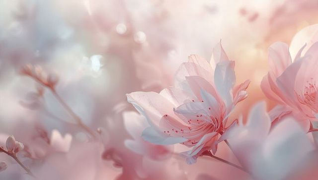 Pale Pink Blossoms Blooming on Delicate Branch with Soft Pastel Bokeh