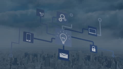 Digital Network Connections with Icons Over Cityscape