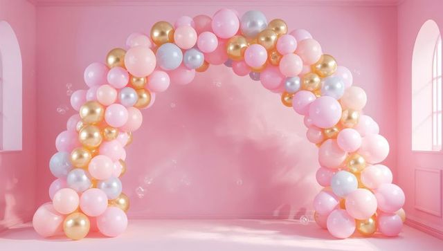 Pastel pink balloon arch decorating room with gold accents, arched windows, soap bubbles