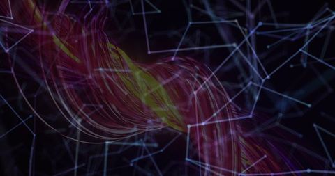 Twisting Neon Ribbon Data Stream with Pulsing Yellow-Green Core and Cyber Network Mesh