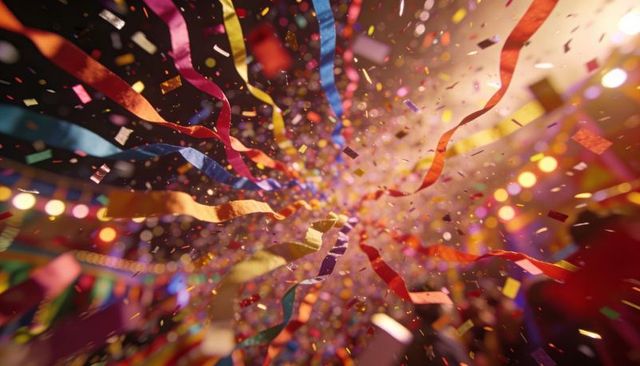 Bursting multicolor streamers and confetti explosion with bokeh party lights and glitter