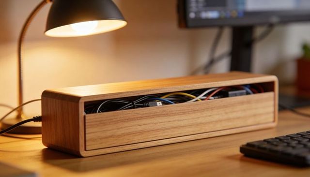 Minimalist wooden cable organizer box keeping desk cables tidy under warm lamp light