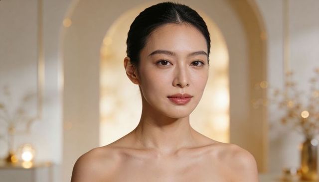 Minimalist beauty portrait of bare-shouldered woman with warm glow and arch niches