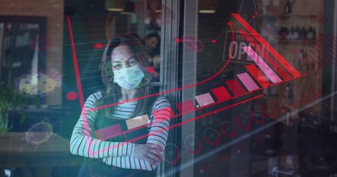 Hairdresser with Mask Overlayed by COVID-19 Infographics