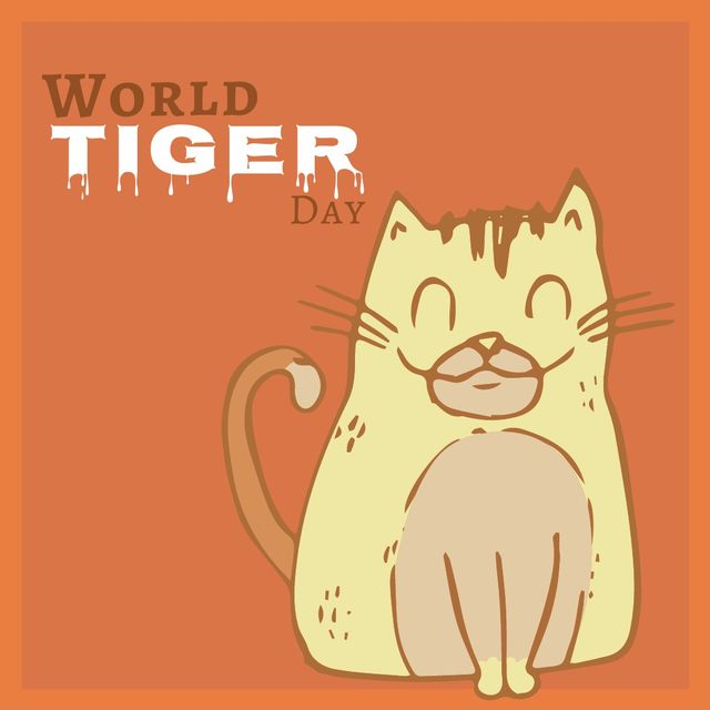 This illustration featuring a cartoon cat on a brown background is perfect for promoting World Tiger Day awareness and conservation efforts. The use of cute and friendly design elements makes it ideal for children's educational materials, social media posts, posters, and flyers. Highlighting the importance of tiger conservation, this illustration can help in engaging audiences and raising awareness about wildlife protection.