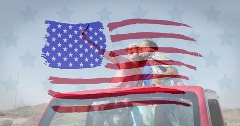 Diverse Female Friends Taking Selfie with American Flag Overlay