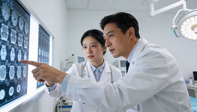 Asian doctors analyzing mri and ct brain scans on monitor during radiology consultation