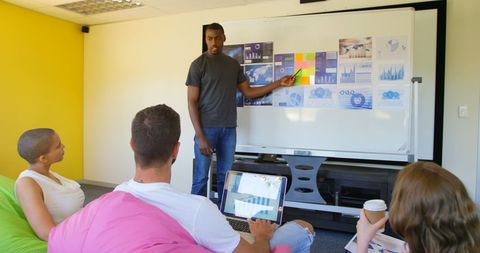 Young team brainstorming business strategies with charts