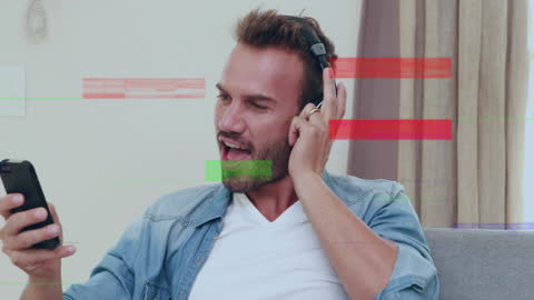 Young Man Enjoying Music on Smartphone with Digital Overlays