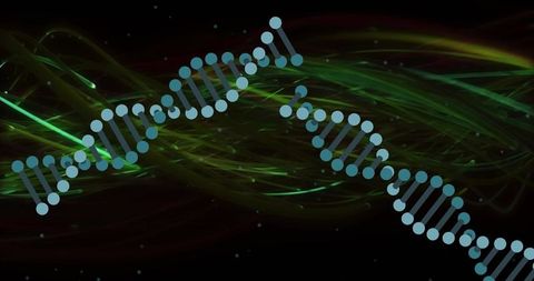 Teal double helix weaving through neon green energy strands on dark futuristic background