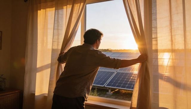 Man opening curtains to reveal residential solar panels at sunset embracing clean energy