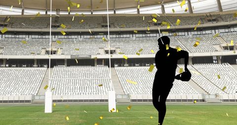 Celebrating Rugby Player Amidst Confetti at Stadium