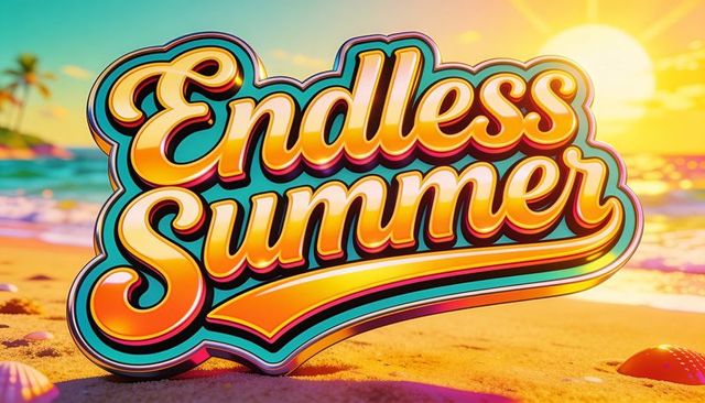 Endless summer 3d retro beach sign on golden sand at tropical sunset
