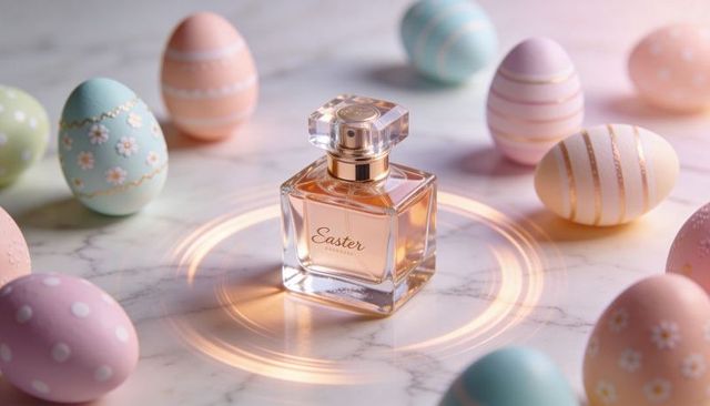 Easter perfume bottle on marble surrounded by pastel decorated eggs and light rings