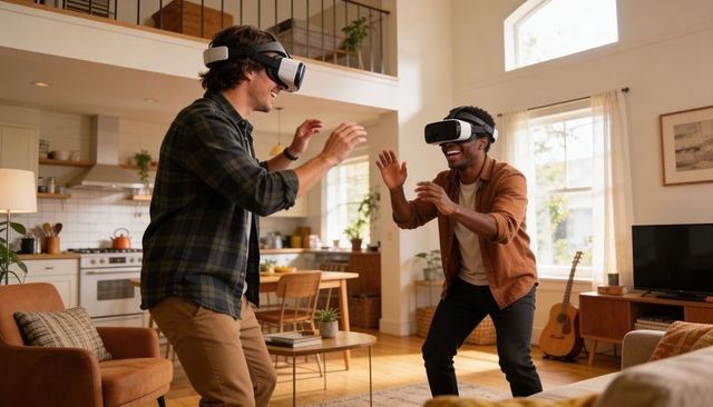 Two men playing vr in sunlit open-plan living room, wearing headsets and gesturing