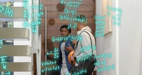 Teen athletes conversing in modern entry holding basketball with floating math equations
