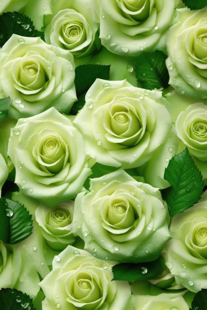 Full frame of green roses with water drops background, created using generative ai technology. Flower, nature, colour and wallpaper concept digitally generated image.