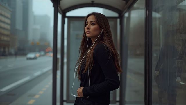 Woman with earbuds waiting at modern bus shelter on foggy urban street