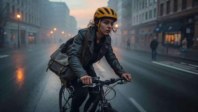Urban commuter riding bike through misty dawn streets wearing yellow helmet, leather jacket