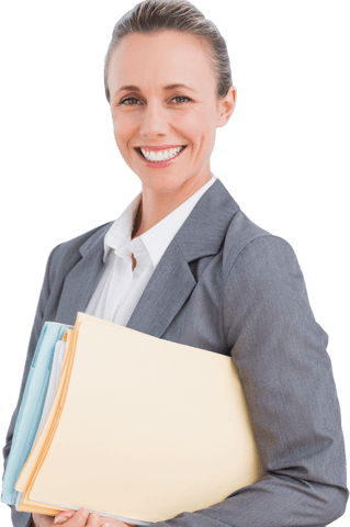 Happy Caucasian Businesswoman Smiling with Documents on Transparent Background
