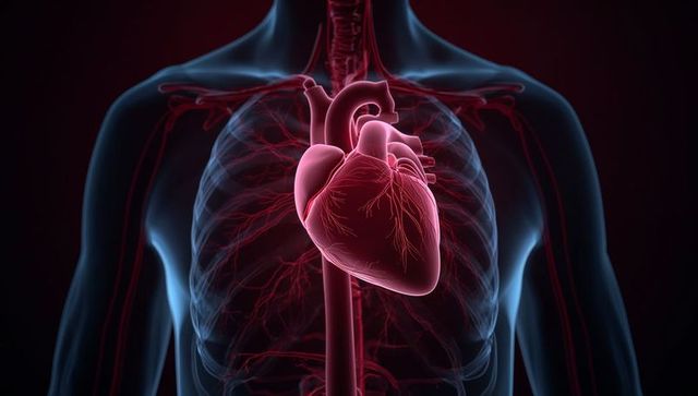 Glowing 3d heart showing ascending aorta within transparent thorax and vascular network