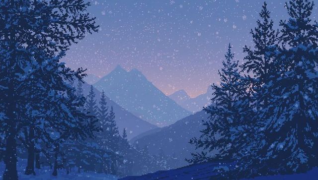Snowfall over dusk mountain valley framing pine forest in serene twilight pixel art