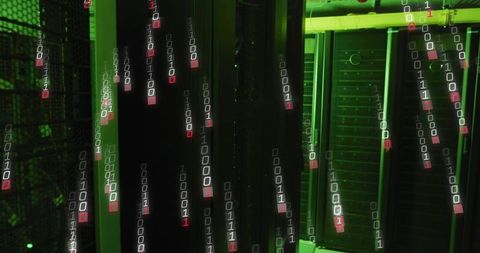 Green-lit server racks with falling binary code for cybersecurity, data center monitoring