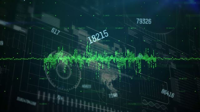 Dynamic animation illustrating financial and technological data processing across a world map. Pulsating data lines and numeric codes represent global business trends and information flow. Perfect for use in tech presentations, financial forecasts, or educational videos exploring technology in commerce and data cloud systems.