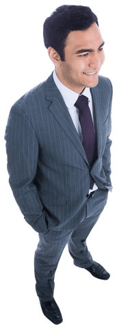 Transparent Smiling Young Businessman in Suit Stands Confident